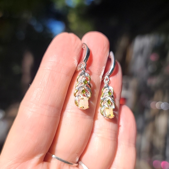Opal & Peridot sterling & gold feather earrings - Picture 3 of 8